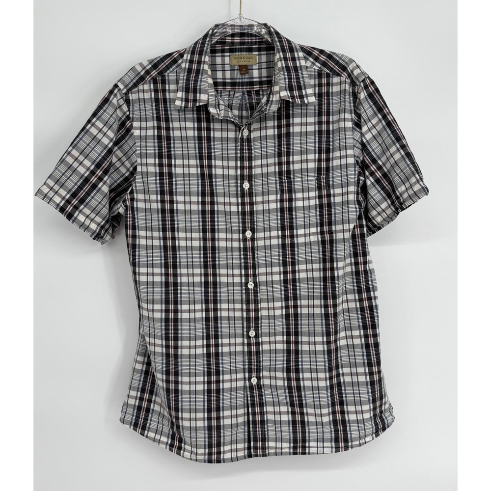 Sonoma Life + Style Mens Sz M Short Sleeve Button Down Plaid Cotton Shirt Blue